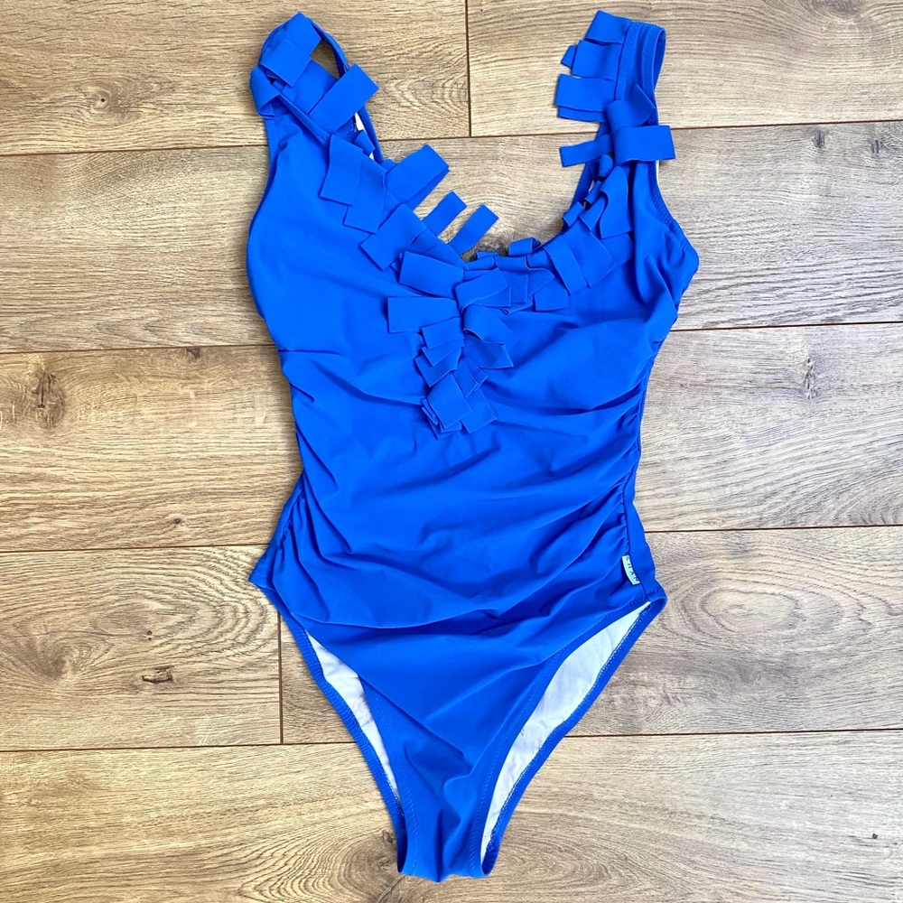 SHAN Royal Blue One-Piece Swimsuit with Ladder Trim